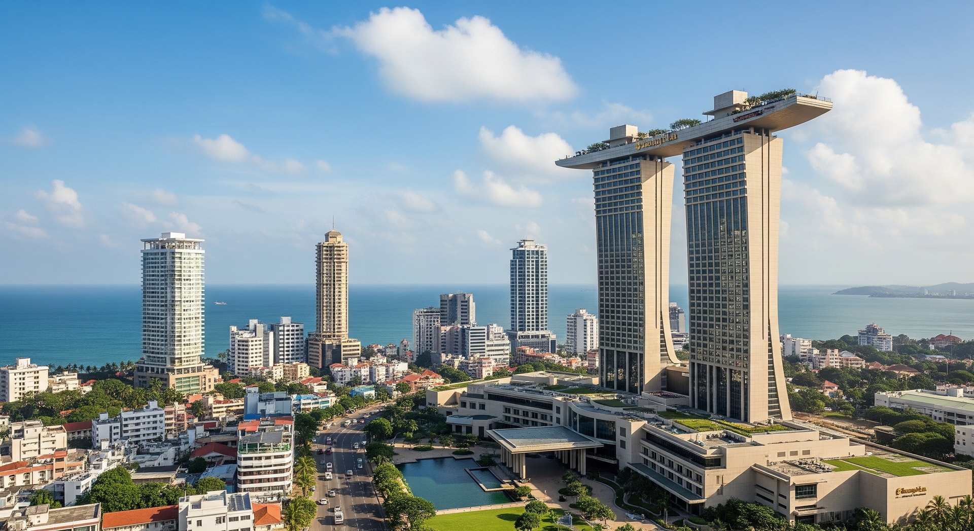 Exterior view of Shangri-La Colombo with city skyline and Indian Ocean in the background