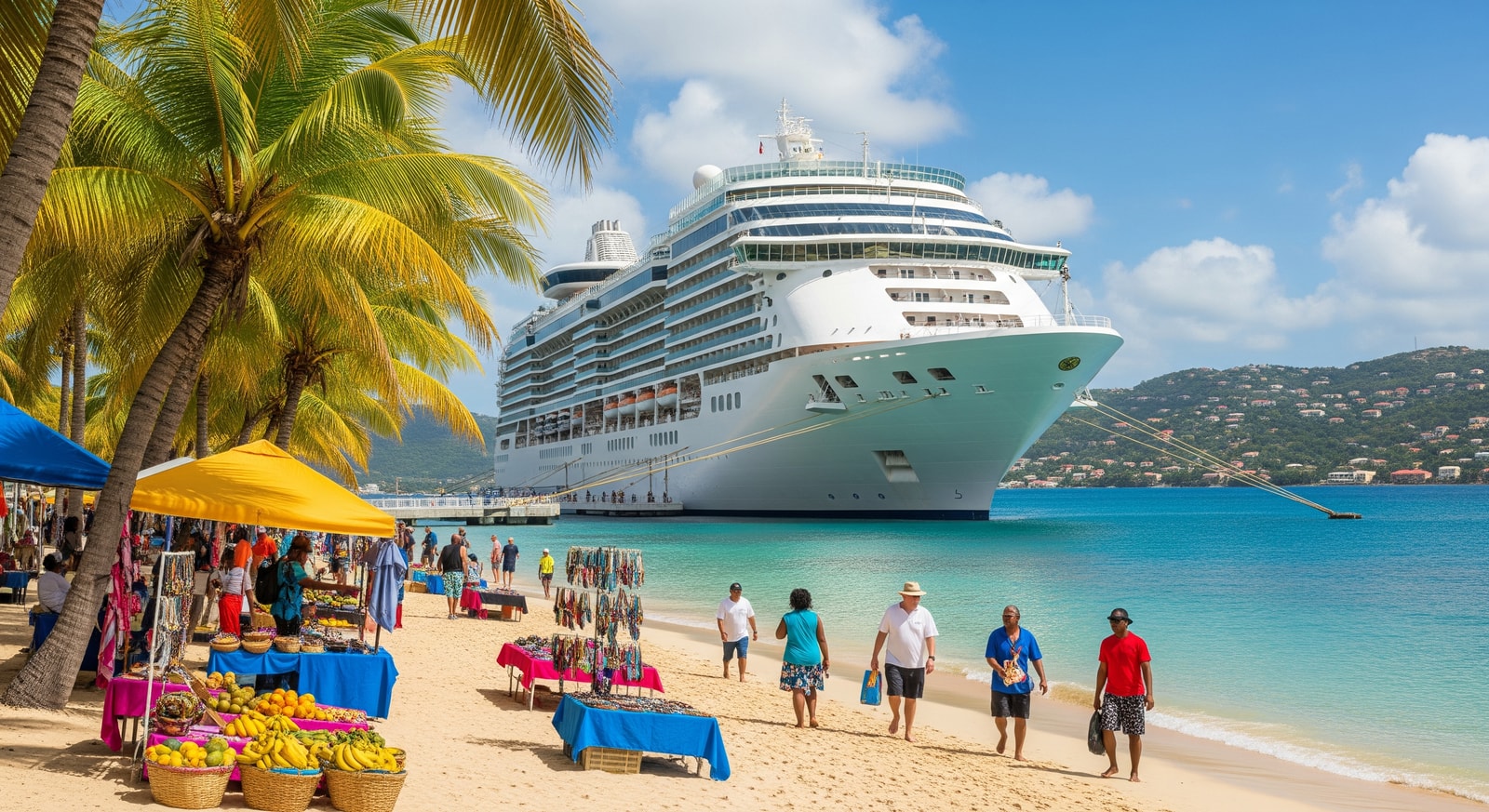 Cruise ship docked at Antigua with local vendors and palm trees onshore