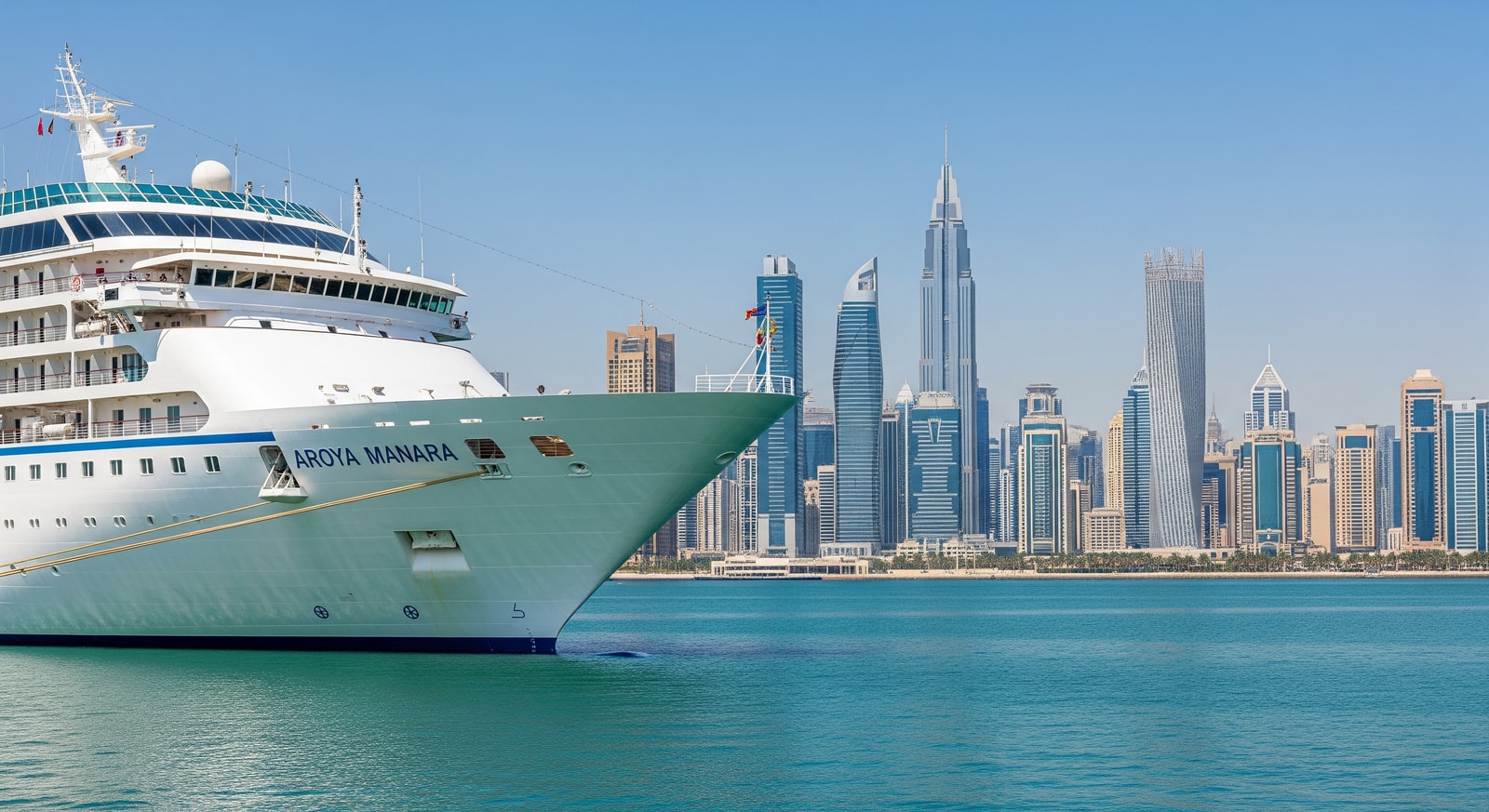 Aroya Manara docked at a Gulf port with city skyline and passengers boarding