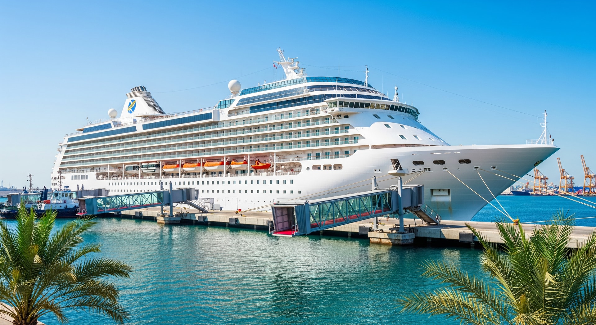 Aroya Manara cruise ship at a Gulf port showing decks and boarding gangways