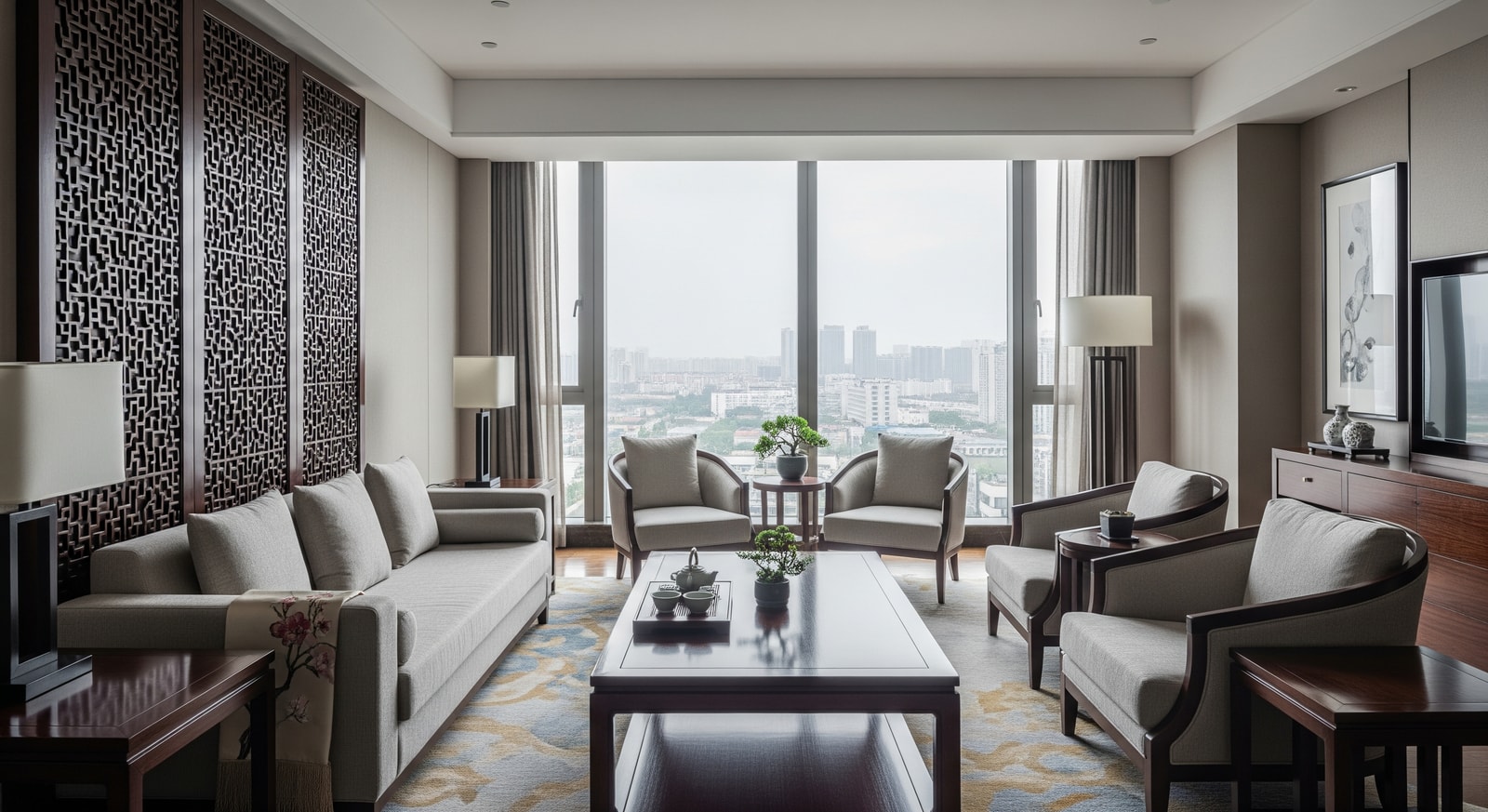 Interior of a spacious suite at Artik Suzhou with modern furnishings and Chinese-inspired decor