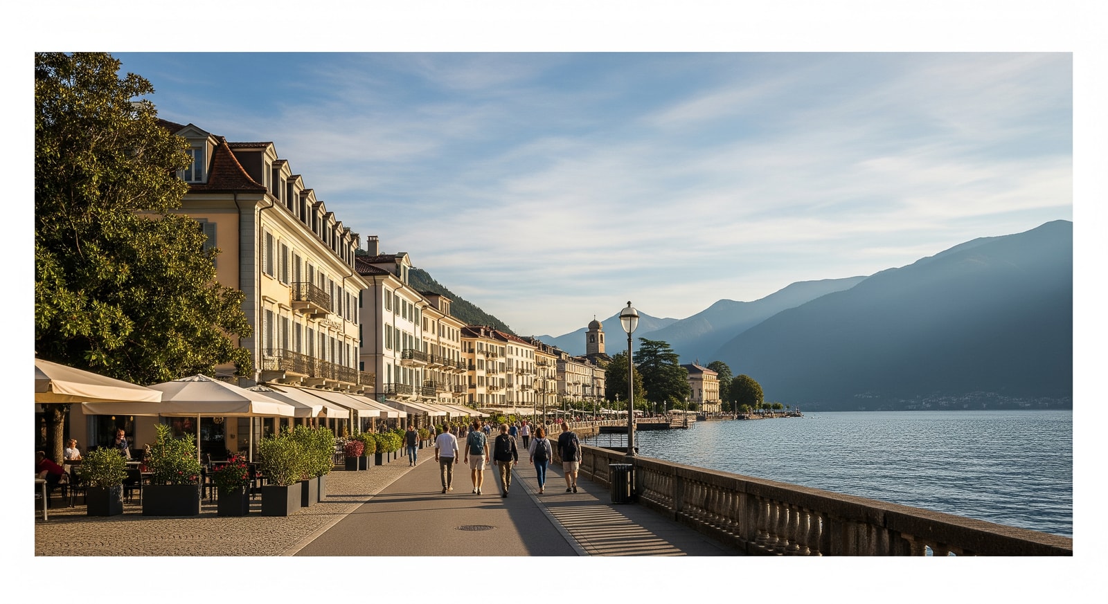 Promenade and historic buildings in Ascona with Lake Maggiore in the background