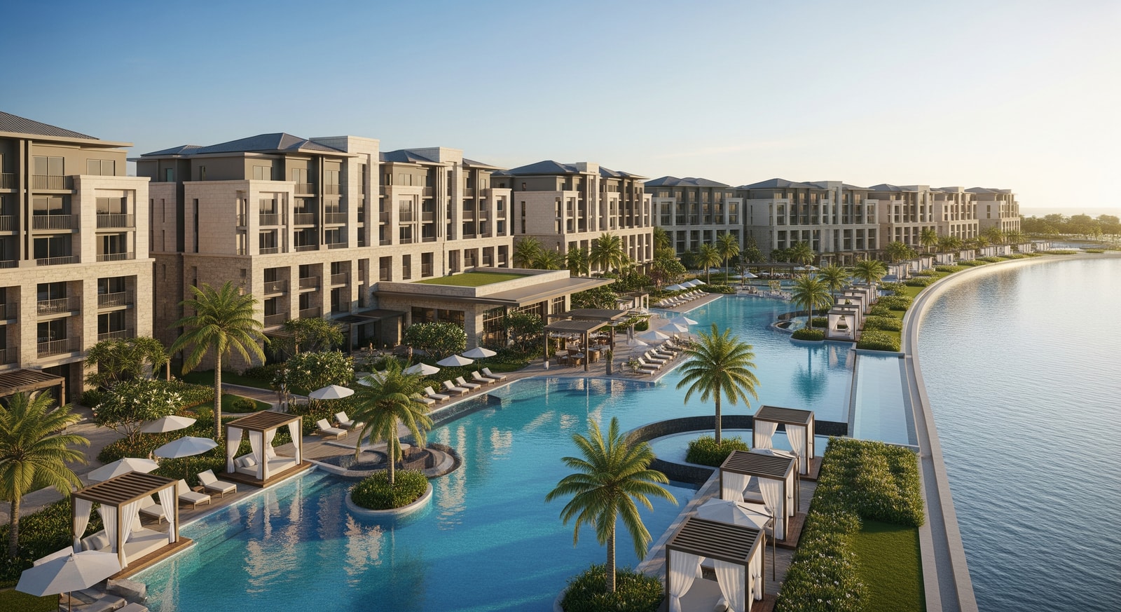 Ascott resort development by the waterfront showcasing resort buildings and landscaped pools