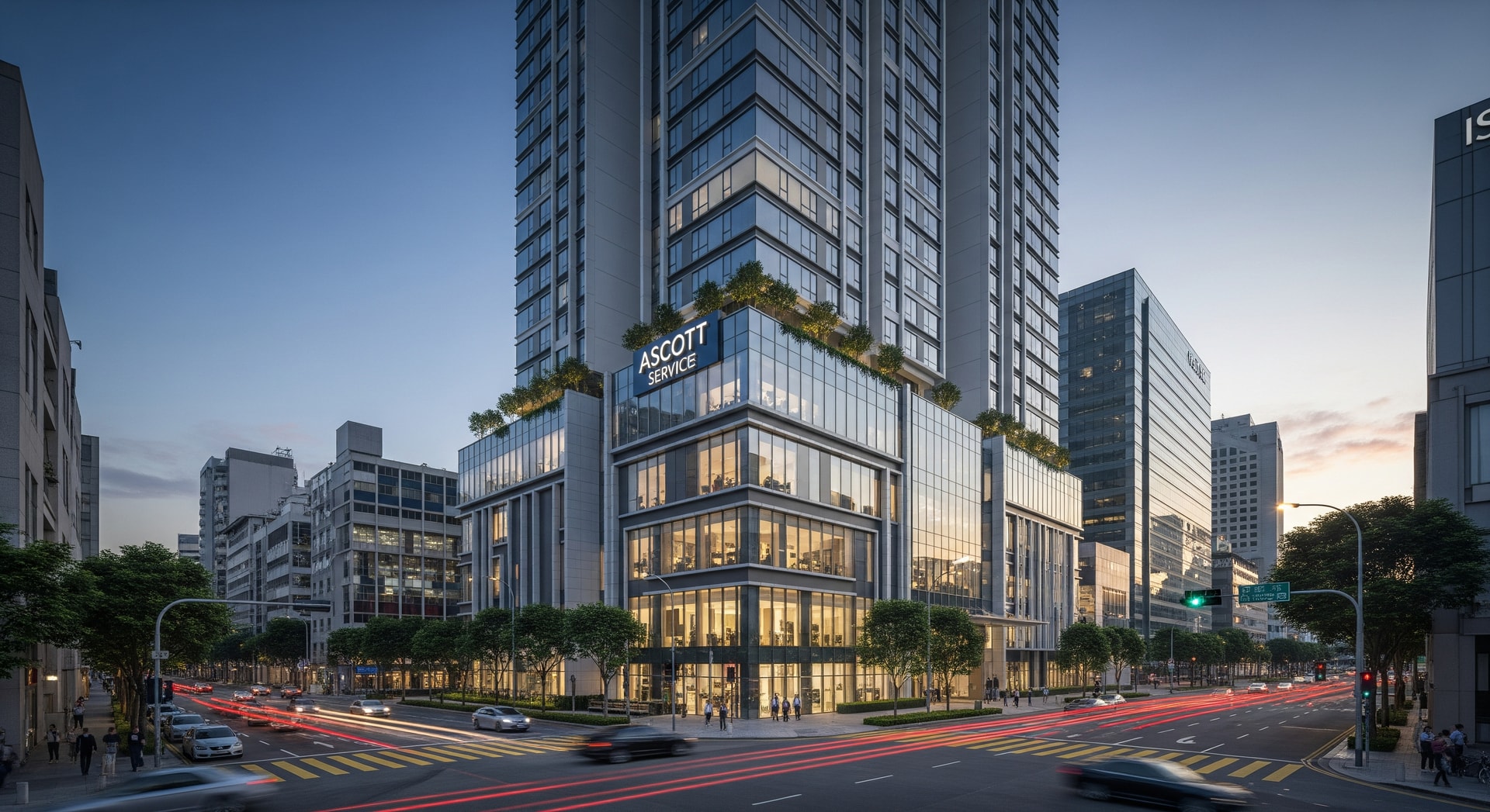 Exterior view of a modern Ascott serviced residence in an urban business district