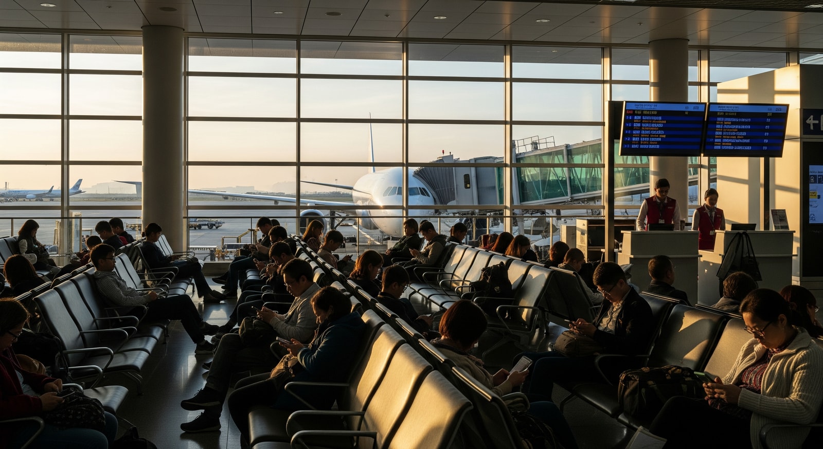 Crowded airport gate with delayed flights in Asia affecting passengers