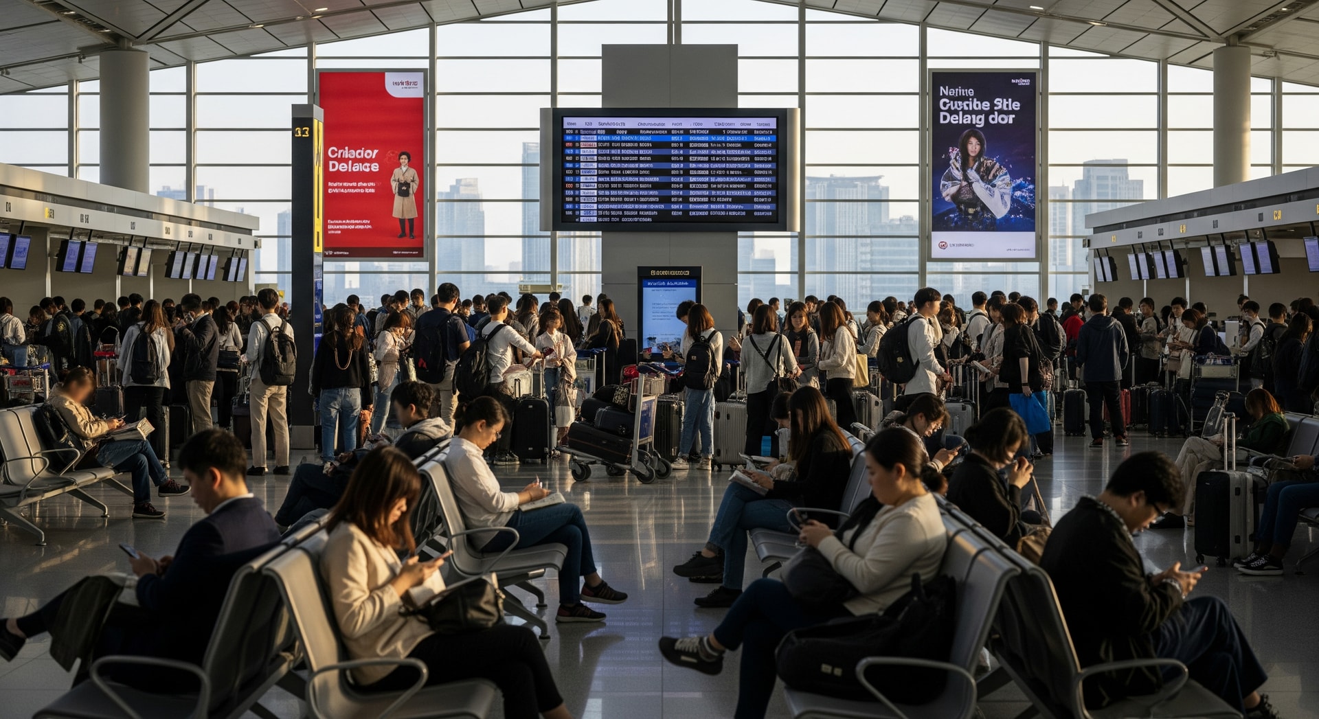 Passengers at a busy airport departure hall affected by flight delays in Asia