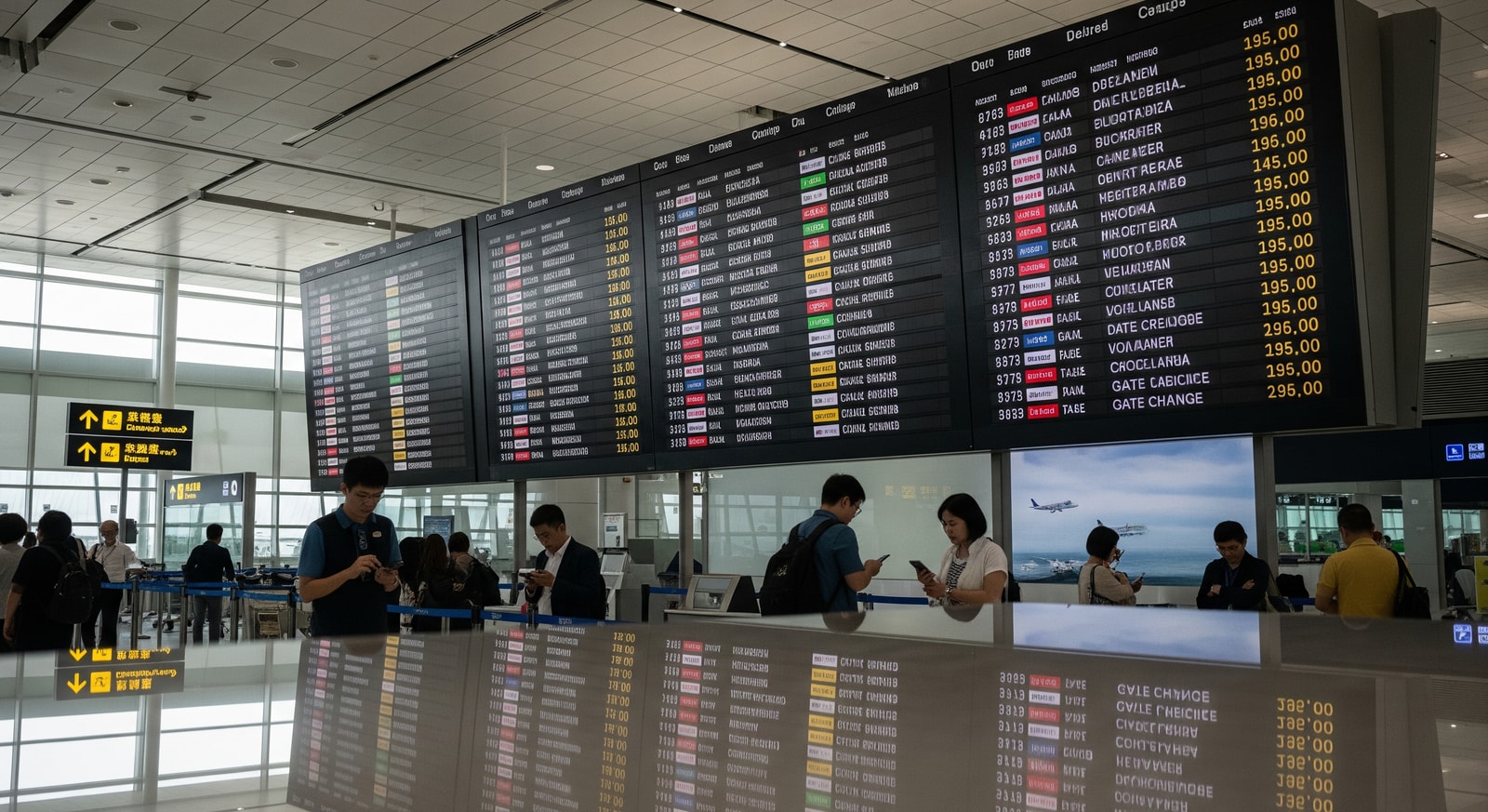 Busy departure board showing delayed and cancelled flights at a major Asian airport during widespread disruptions