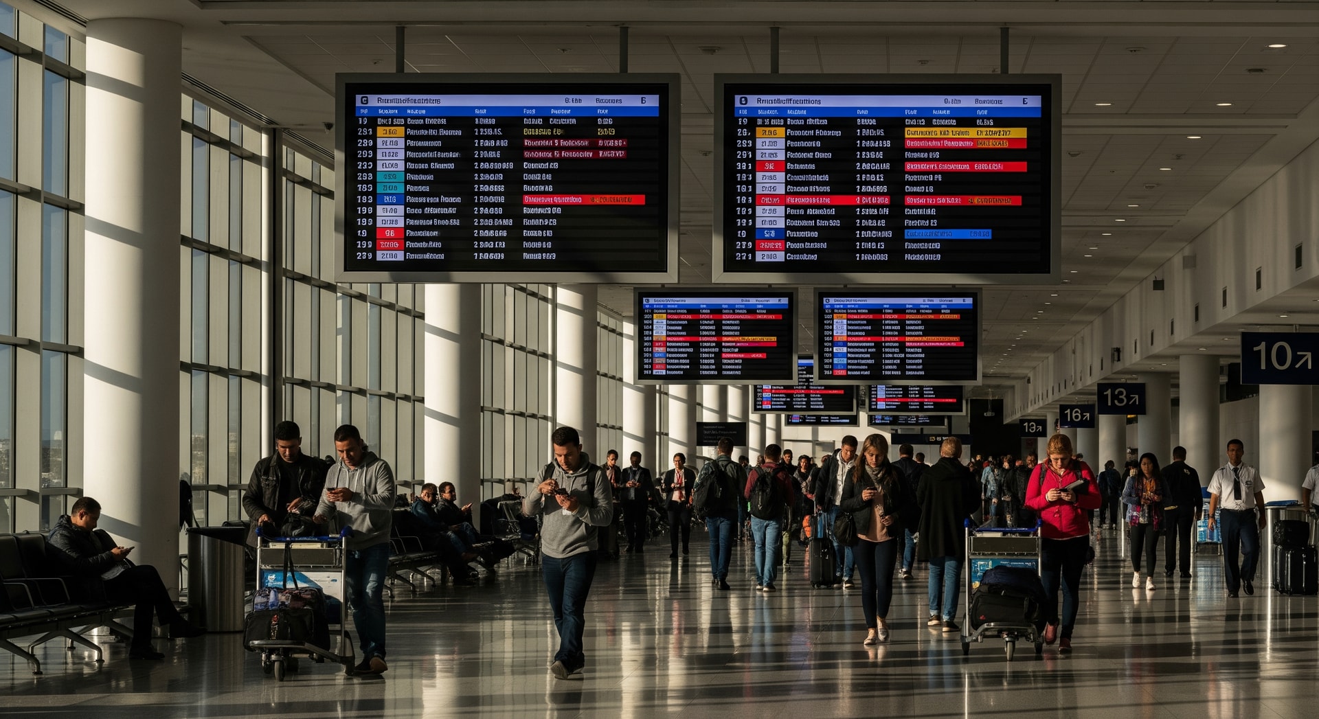 Airport terminal with delayed flight information boards showing cancellations and delays