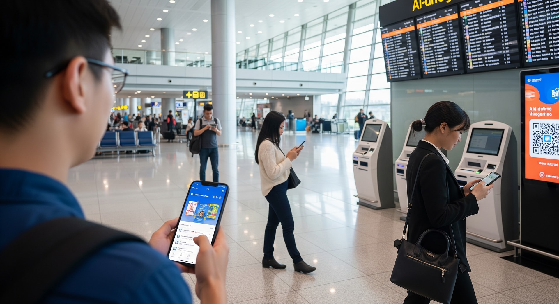 Passengers using AI-driven travel apps at an international airport terminal in Asia-Pacific