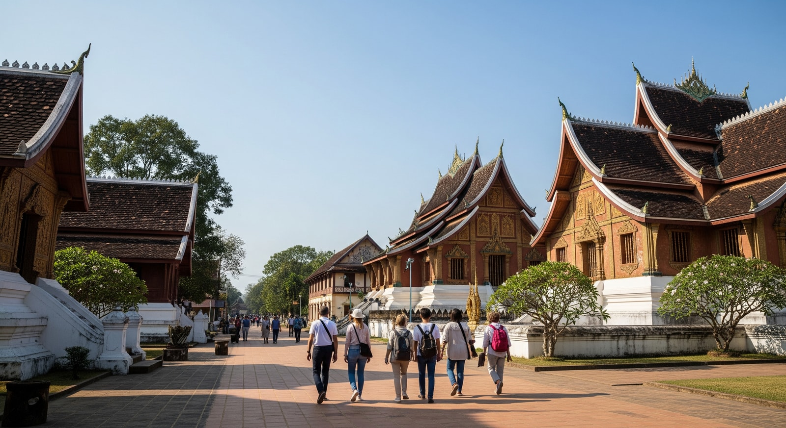 Visitors walking near historic temples and traditional buildings in Luang Prabang, Laos, reflecting cultural economy tourism
