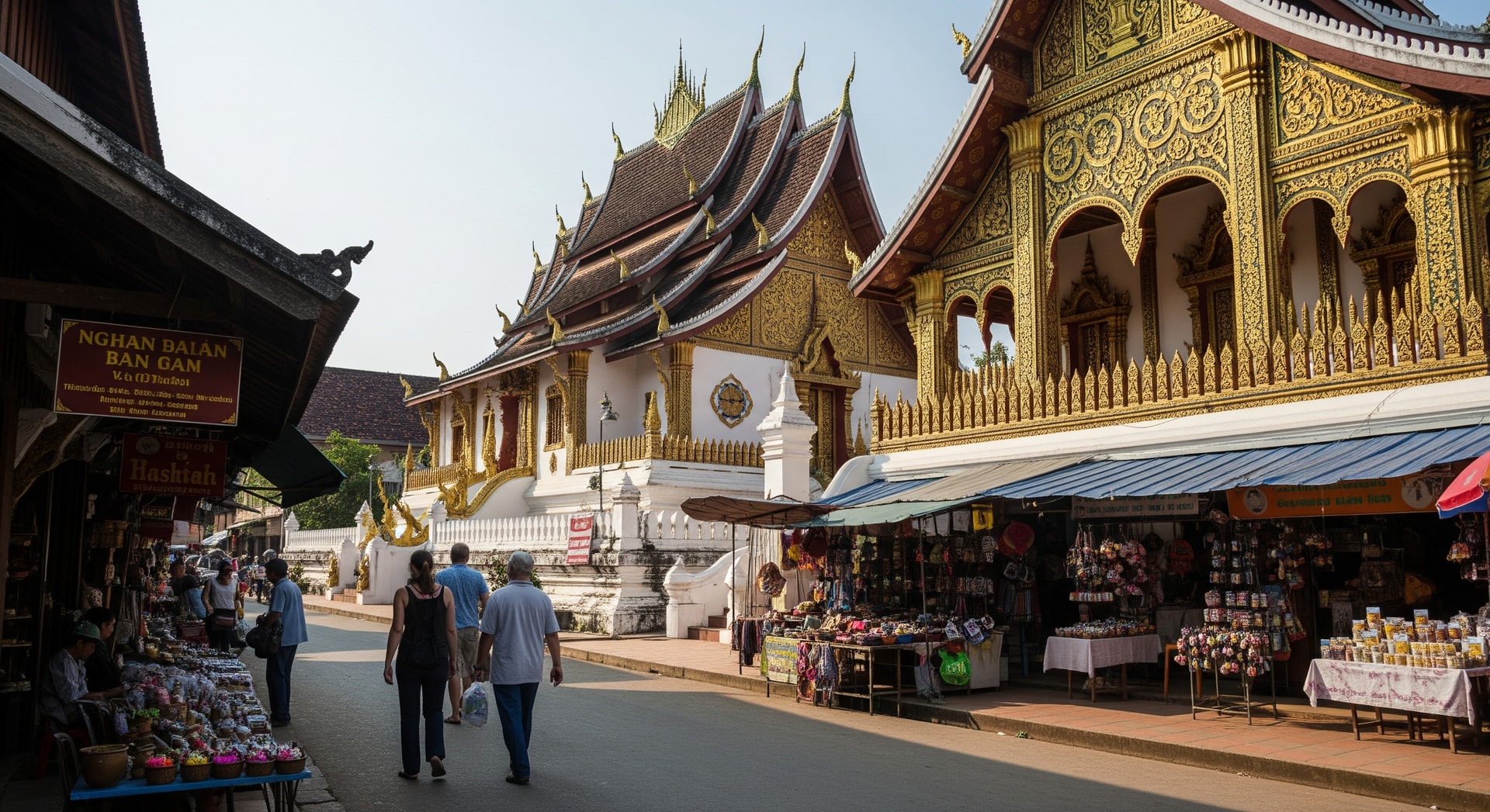 Traditional Lao temple architecture and street scene in Luang Prabang, Laos
