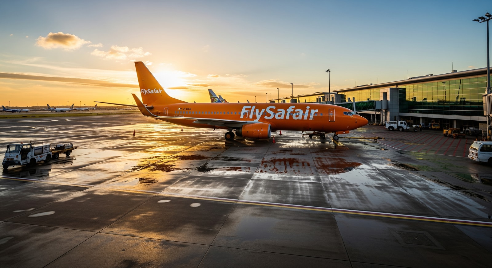 FlySafair Boeing aircraft at a South African airport apron, reflecting domestic aviation growth