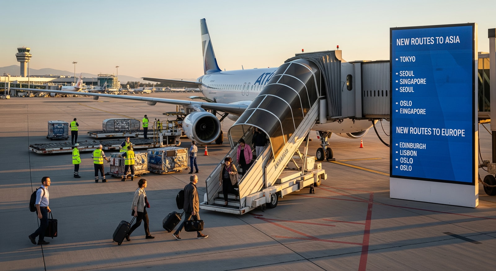 Passengers boarding an aircraft at Athens International Airport illustrating new flight routes to Asia and Europe