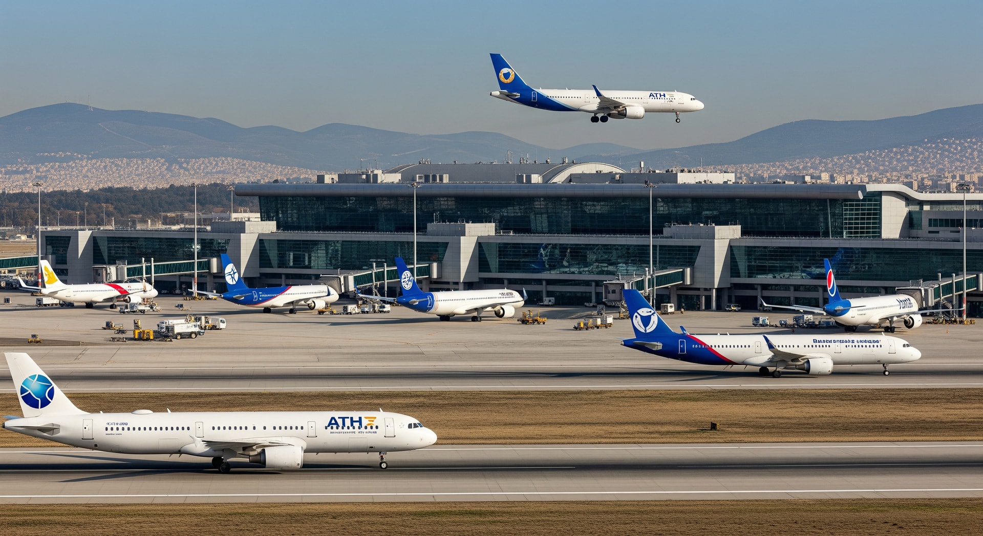 Airliners at Athens International Airport with runway and terminal buildings, representing new international routes from Athens