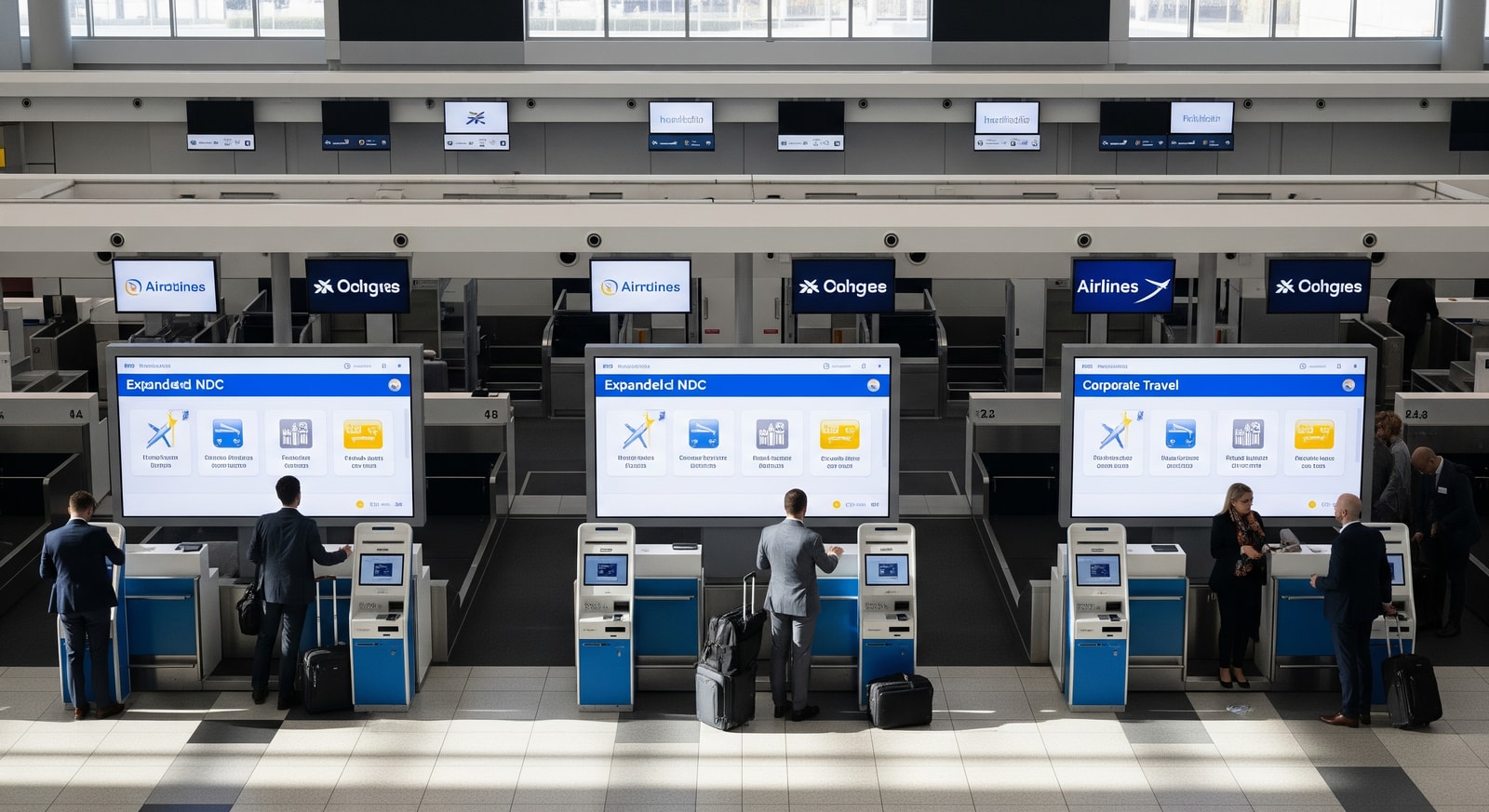 Airport check-in area showing airline branding and digital screens, illustrating expanded NDC airline content for corporate travel