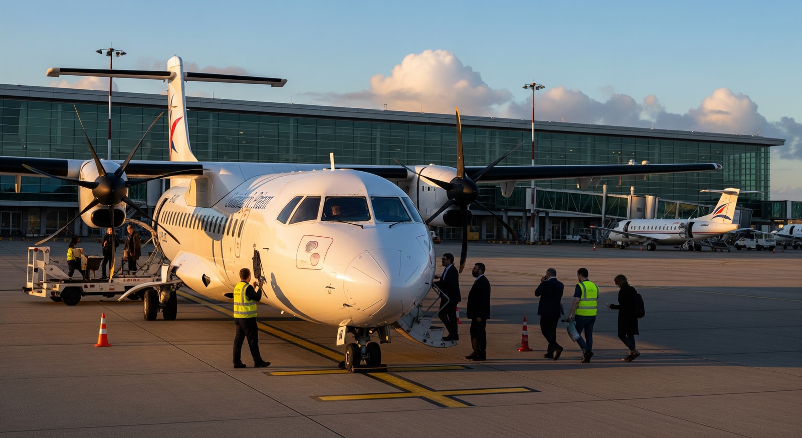 A passenger aircraft preparing for departure at an airport, illustrating regional air connectivity between Guernsey and Paris