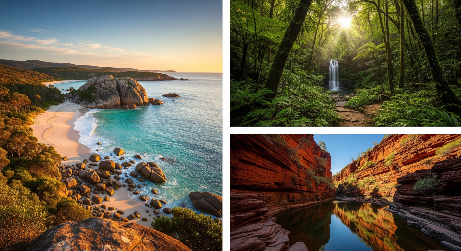 Coastal and inland landscapes of Australia showing beaches, rainforests and gorges - representing hidden destinations like Wilsons Promontory and Karijini
