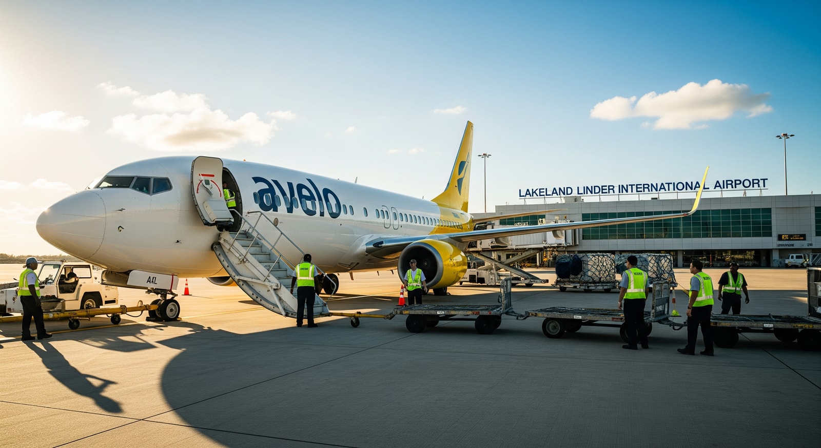 Avelo Boeing 737 at Lakeland Linder Airport with ground crew preparing for boarding