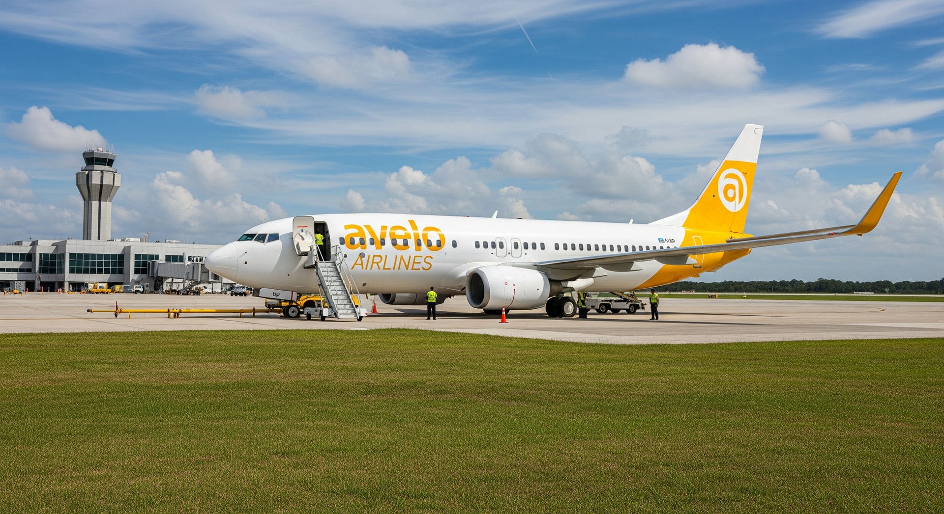 Avelo Airlines aircraft at Lakeland Linder Airport preparing for boarding