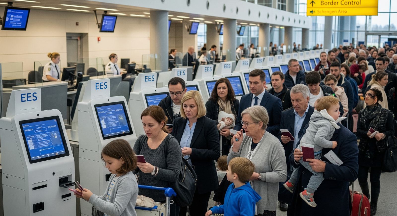 Queue of passengers at a Schengen border control illustrating EES processing delays