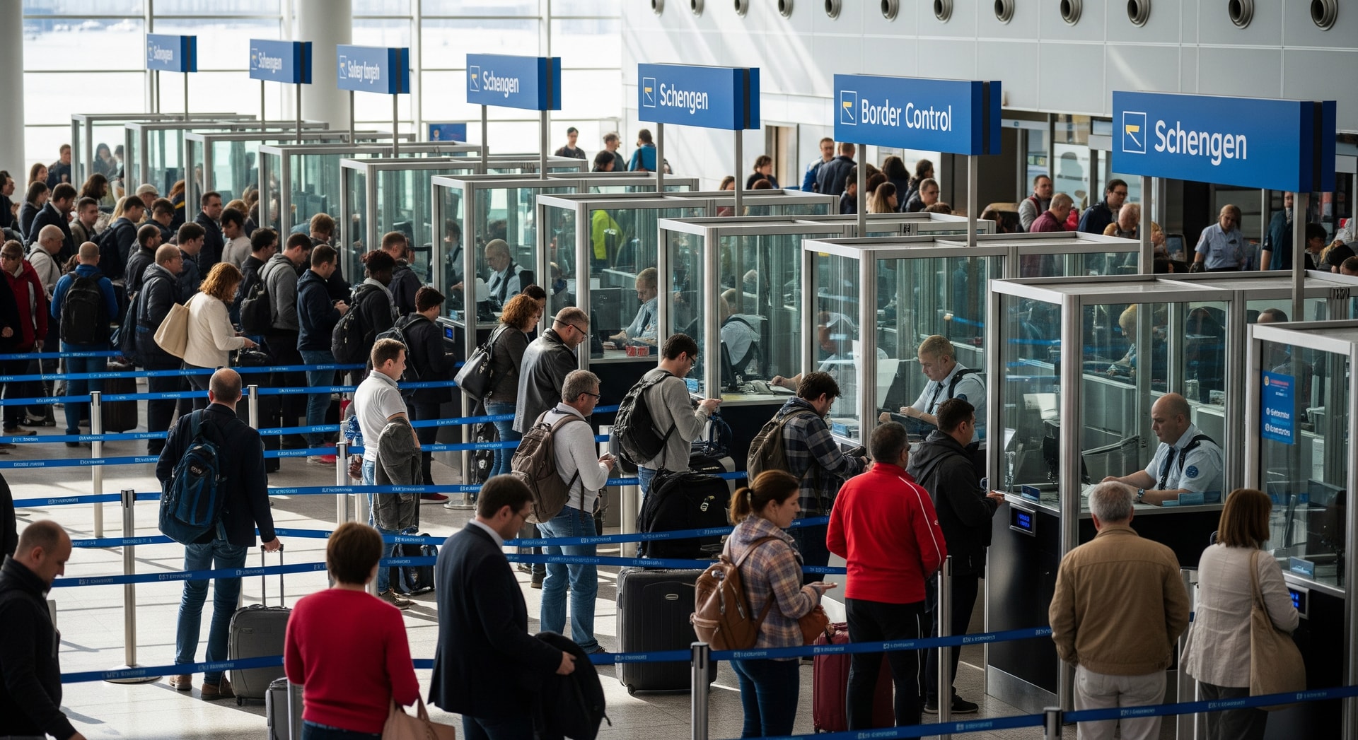 Passengers queuing at a busy Schengen border control with passport control booths
