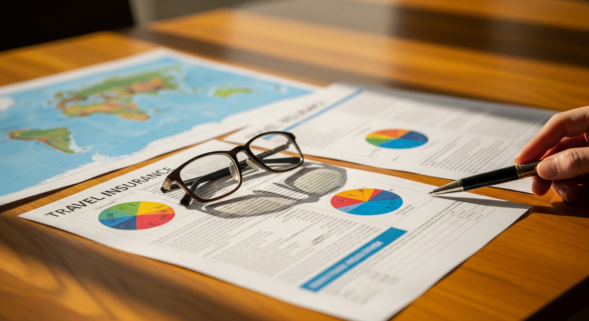 Traveler reviewing travel insurance and medical documents before a trip