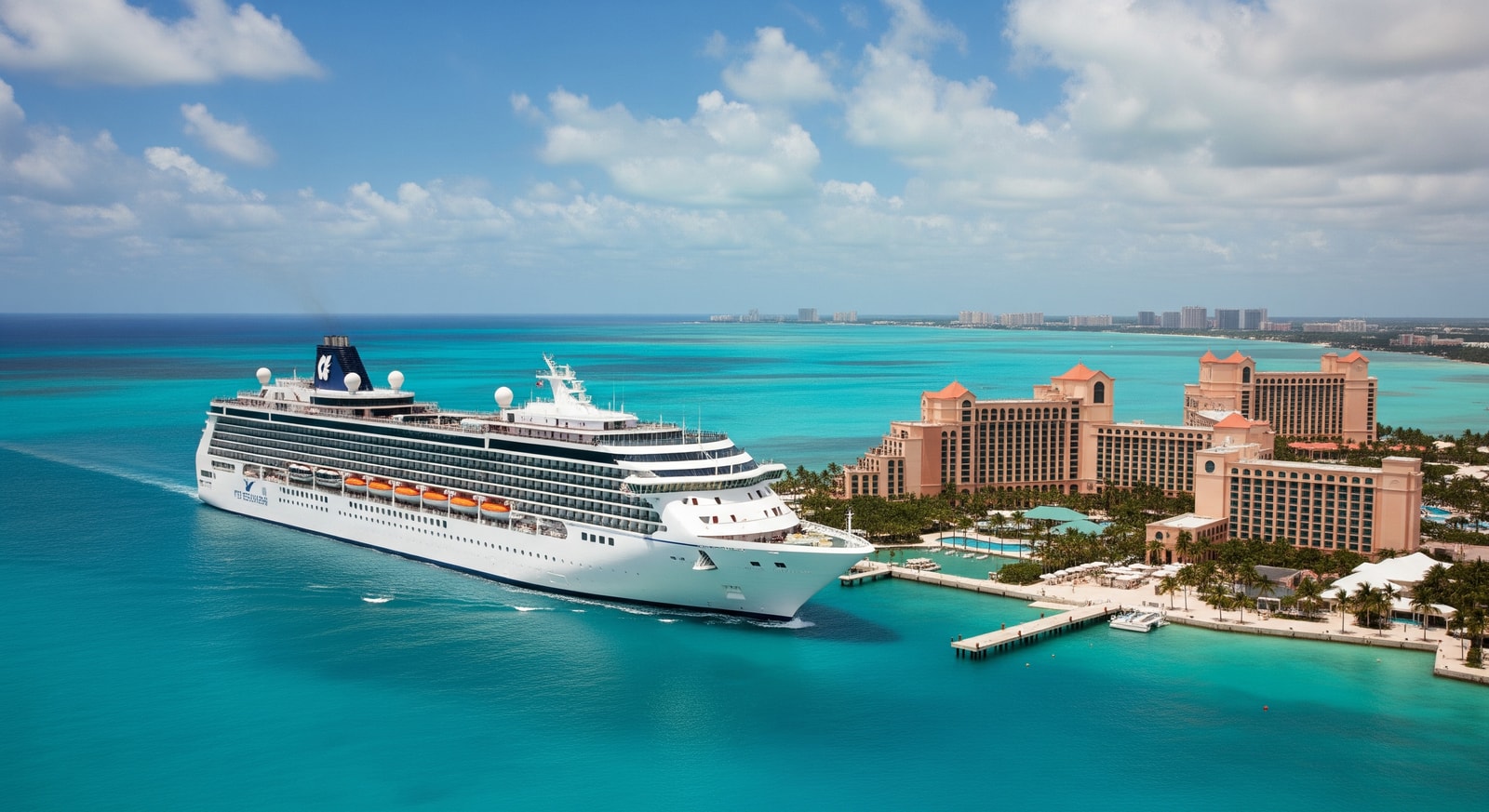 Cruise ship approaching Bahamian coastline with resorts visible