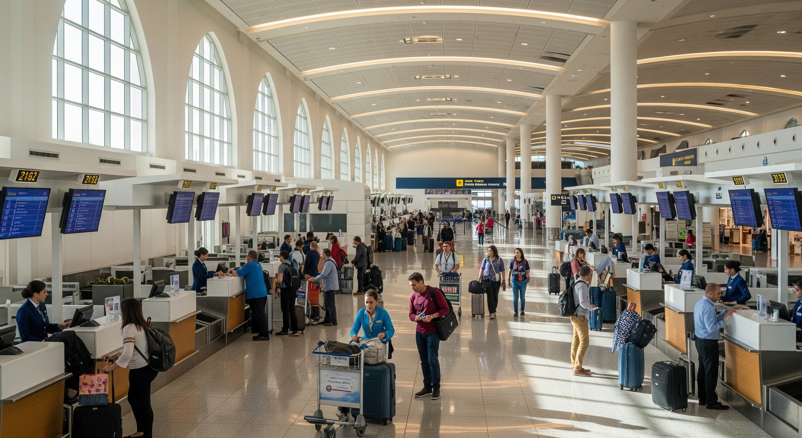 Terminal interior at Bahrain International Airport showing passenger check-in and departures