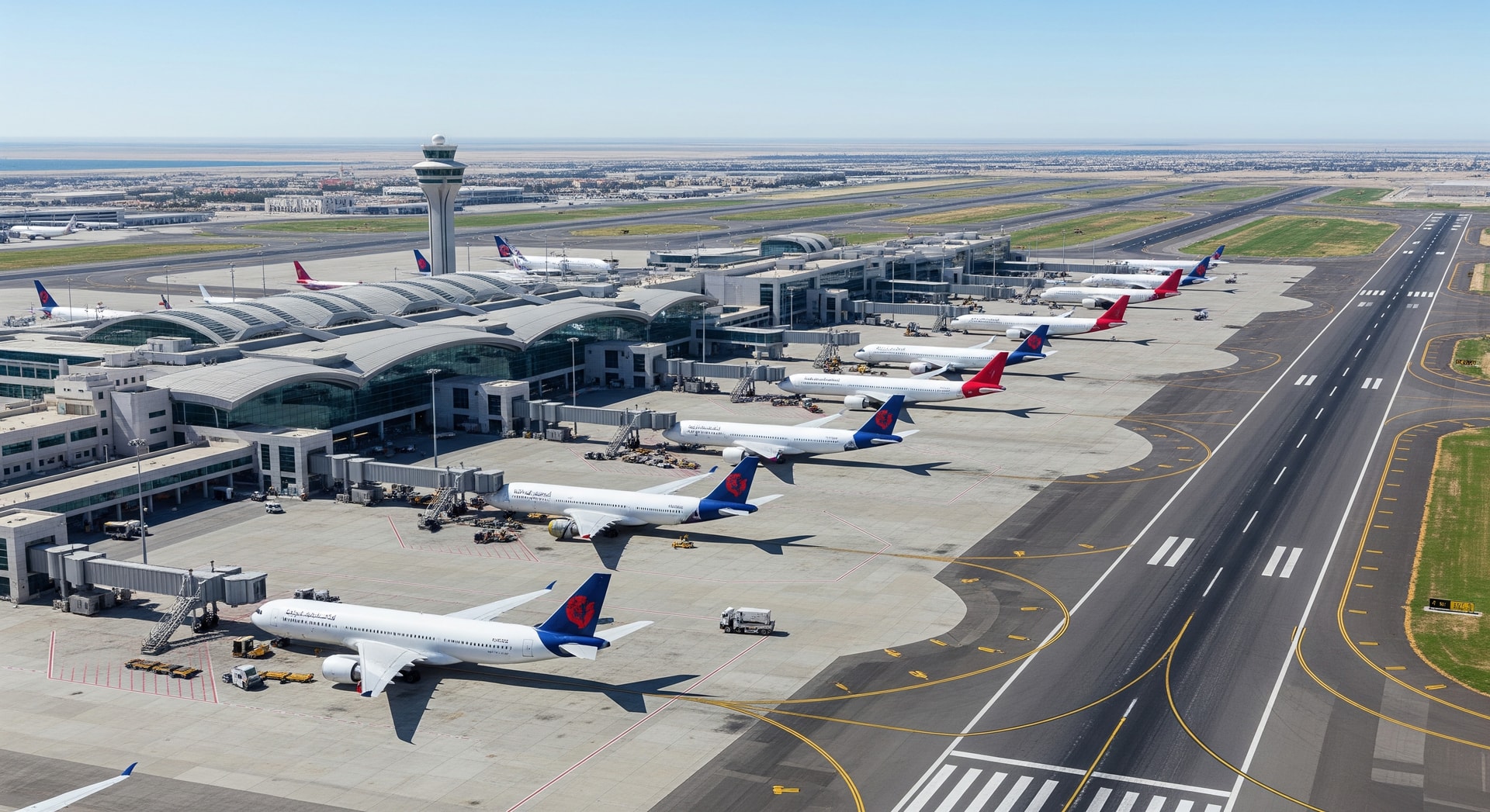 Aerial view of Bahrain International Airport terminal and runways showing increased activity