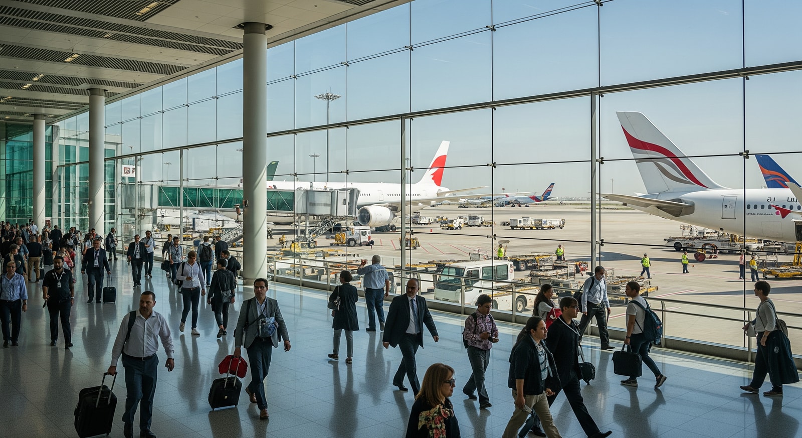 Passengers at Bahrain International Airport terminal with aircraft parked at gates, illustrating increased passenger traffic and connectivity