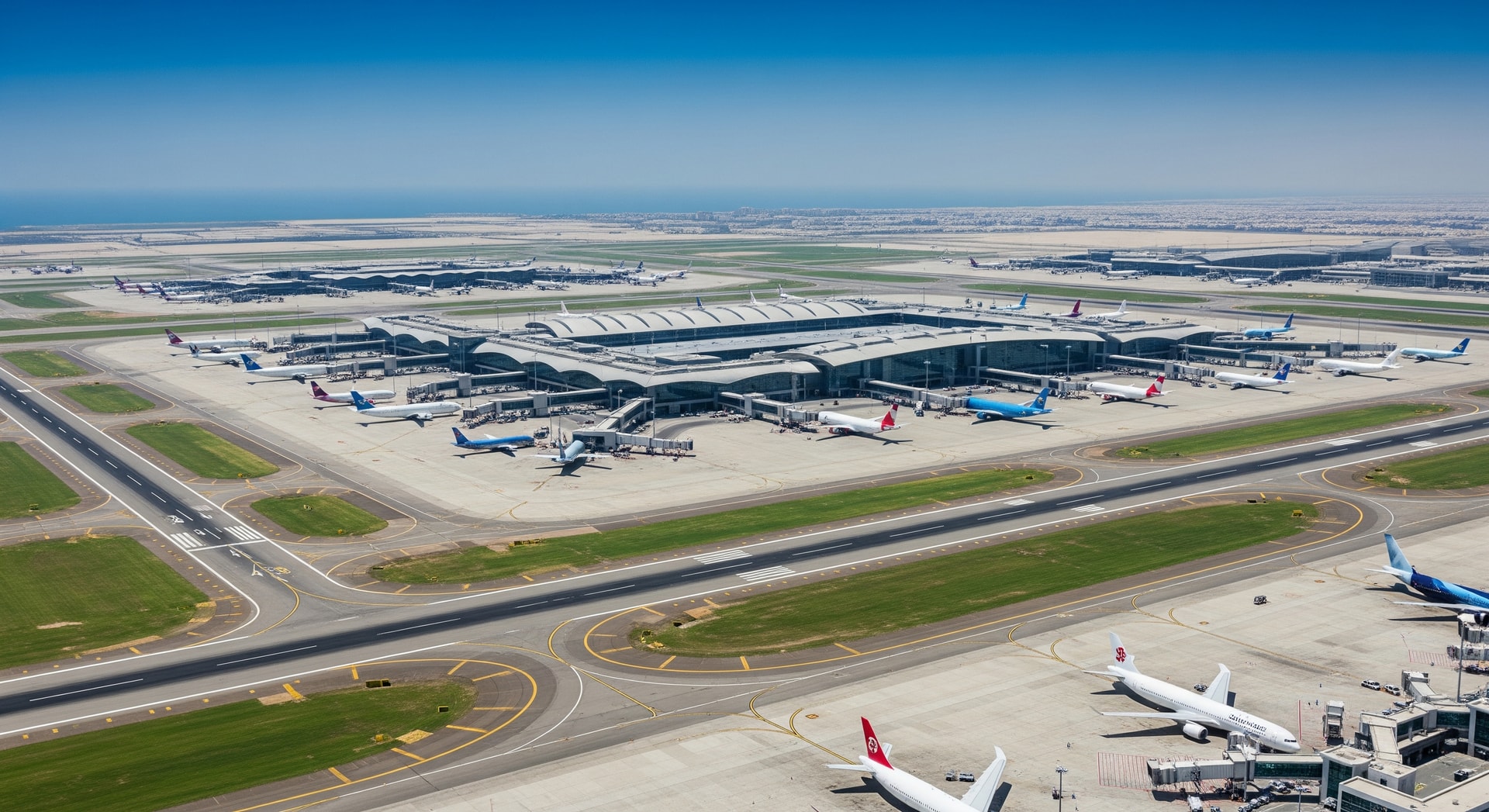 Aerial view of Bahrain International Airport terminals and runways with aircraft on tarmac