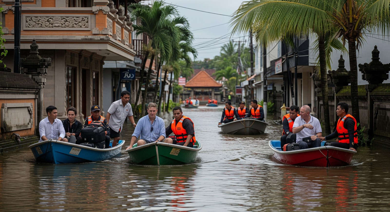 Rescue boats and hotel staff assisting guests amid urban flooding in Bali's tourist districts