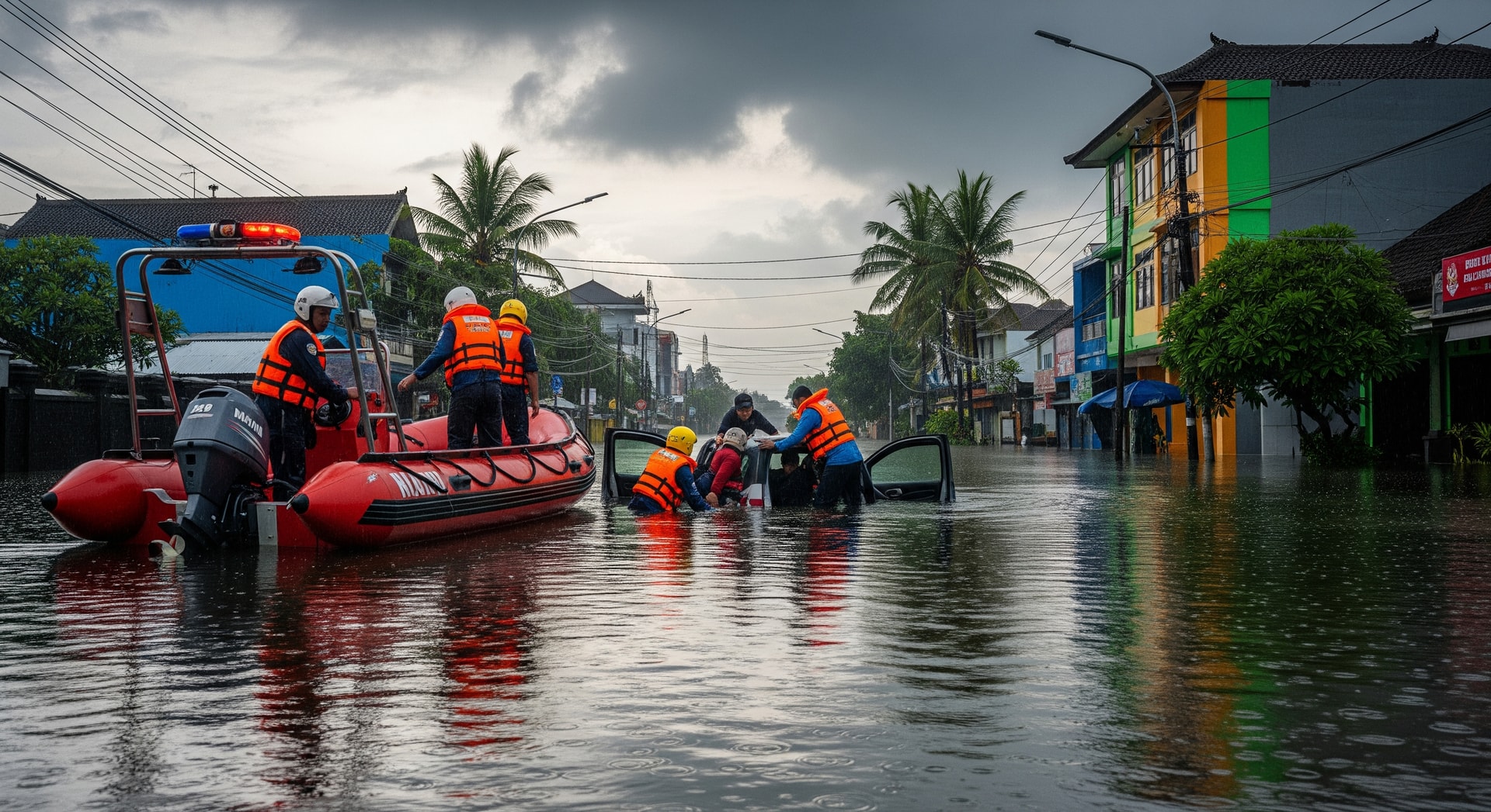 Flooded streets and rescue boats in Bali's Denpasar area during monsoon downpour