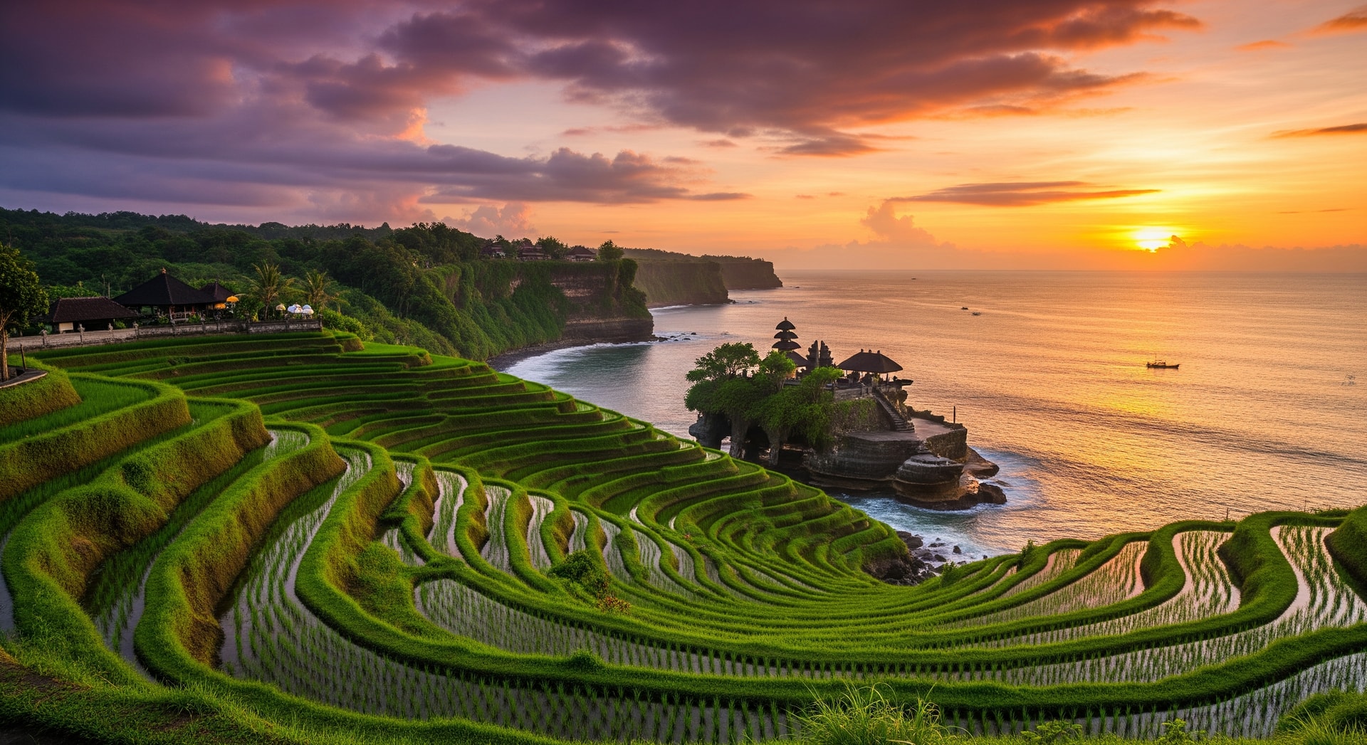 Scenic view of Bali coastline with rice terraces and a temple at sunset