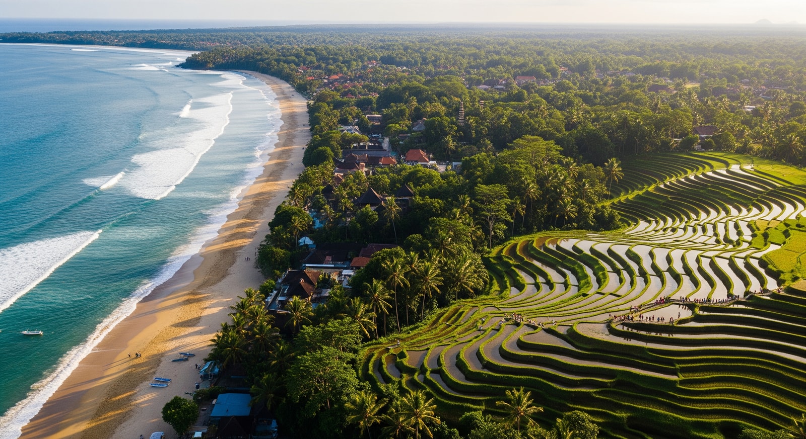 Aerial view of Bali coastline with beaches, Ubud greenery and rice terraces popular with tourists