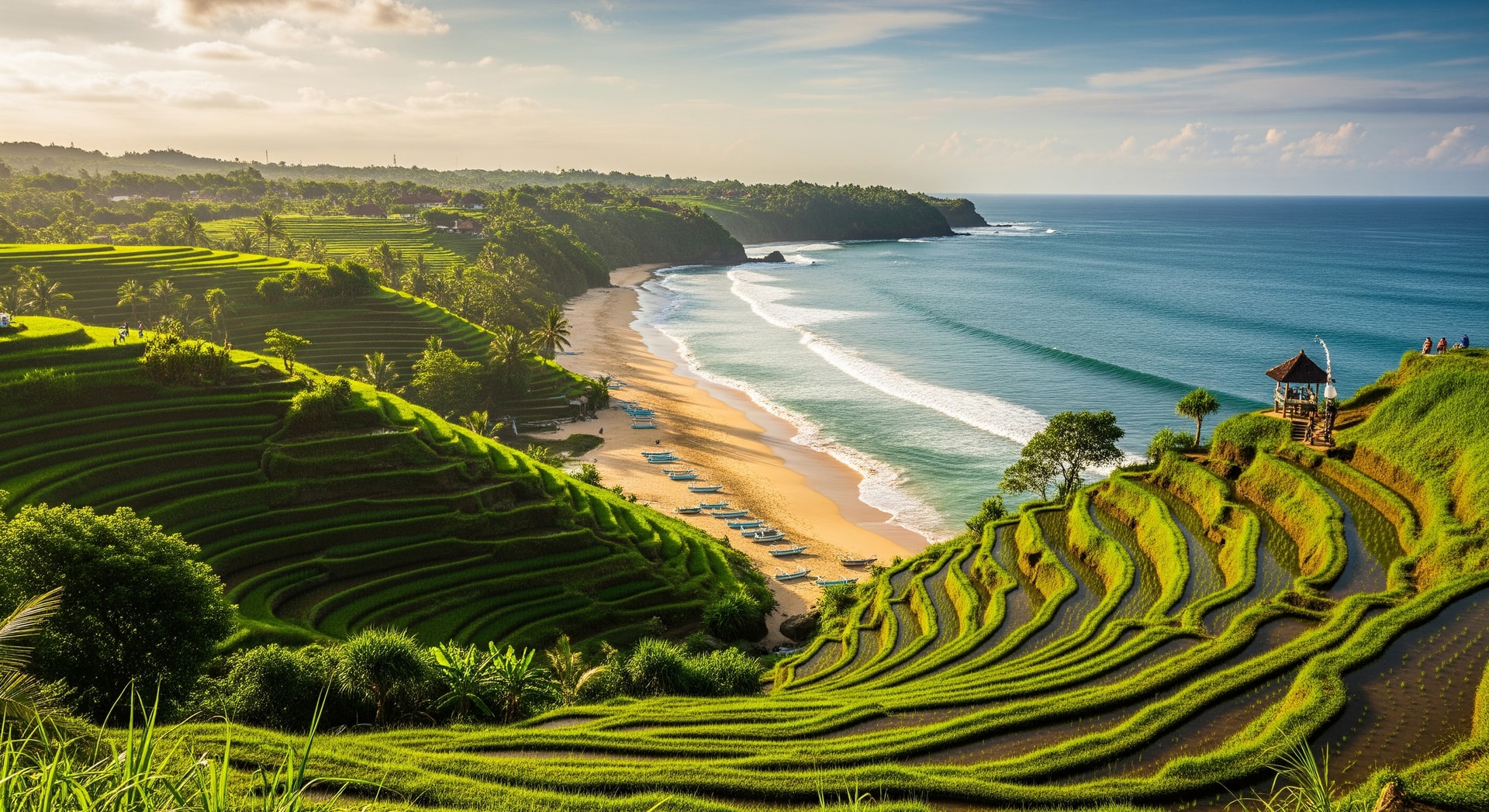 Scenic view of Bali coastline, beaches and rice terraces popular with tourists