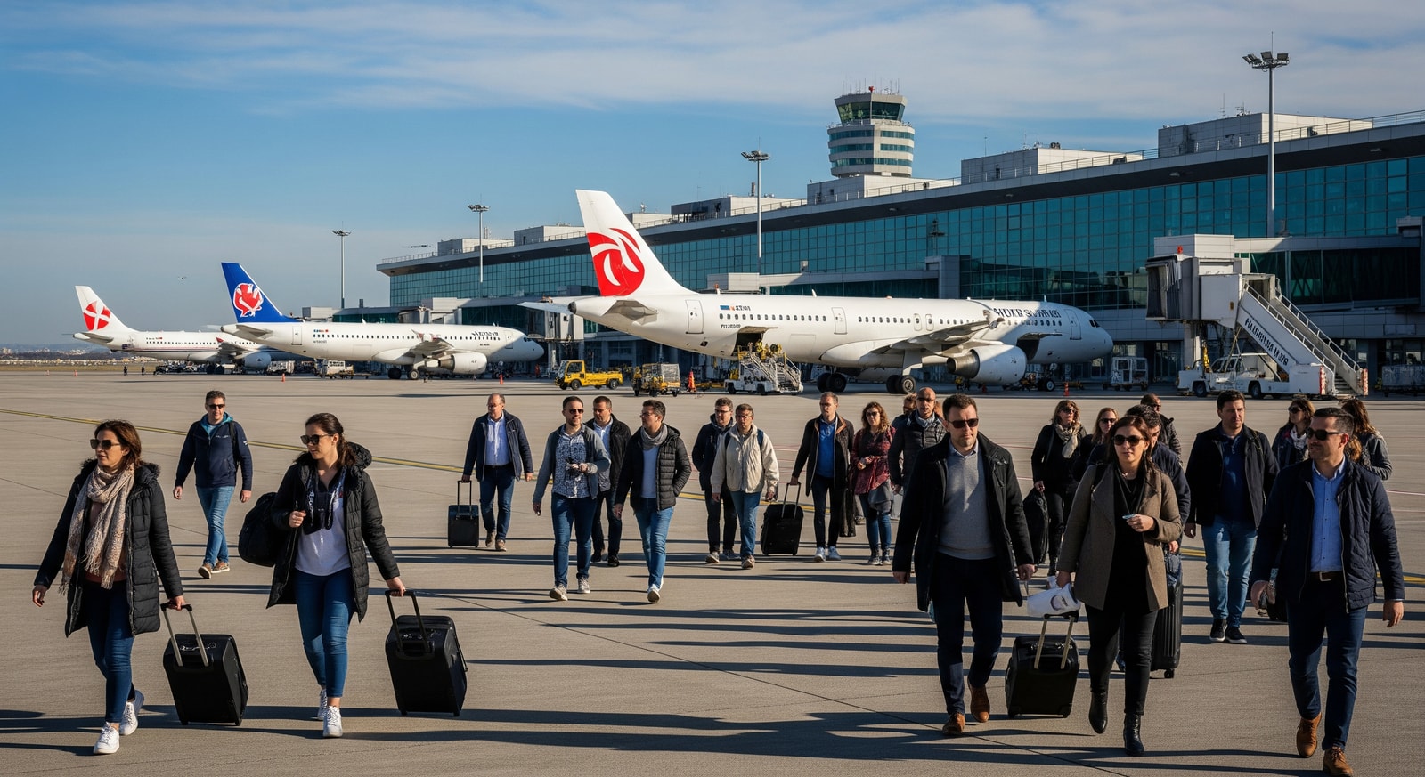 Passengers at Bari Karol Wojtyla Airport with aircraft on the tarmac and terminals in the background