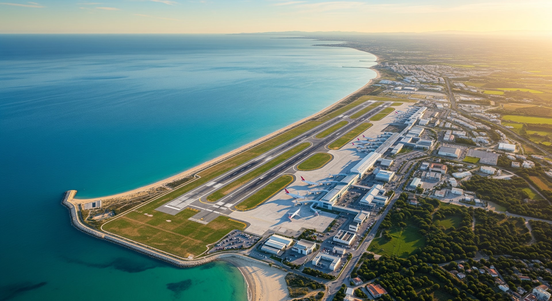 Aerial view of Bari Karol Wojtyla Airport with Puglia coastline in the background