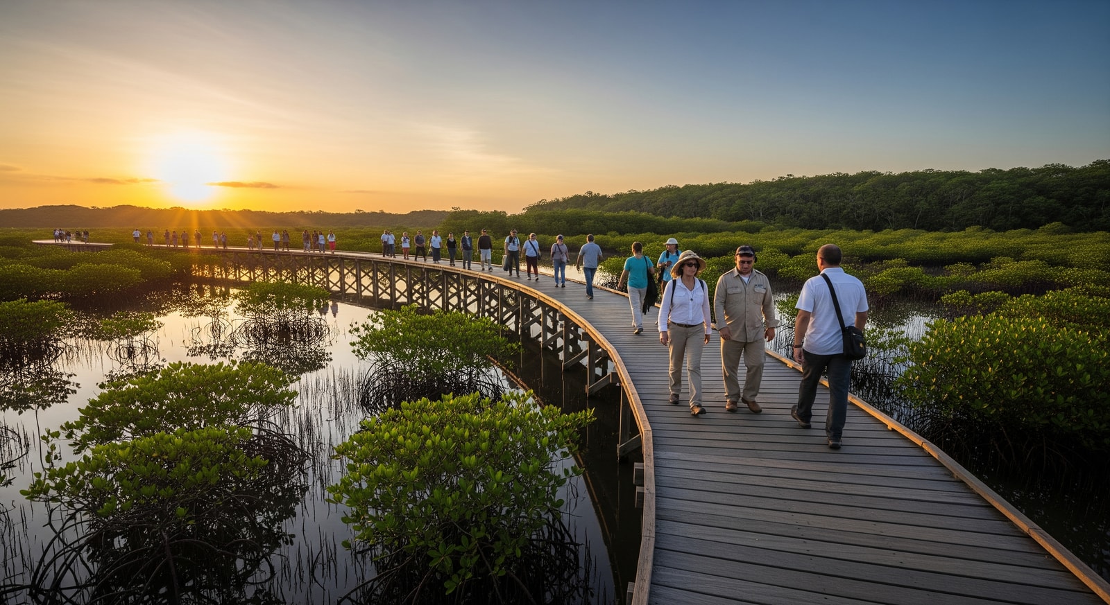 Visitors walking on restored mangrove boardwalk at Ecoparque Cienaga de Mallorquin in Barranquilla highlighting sustainable tourism