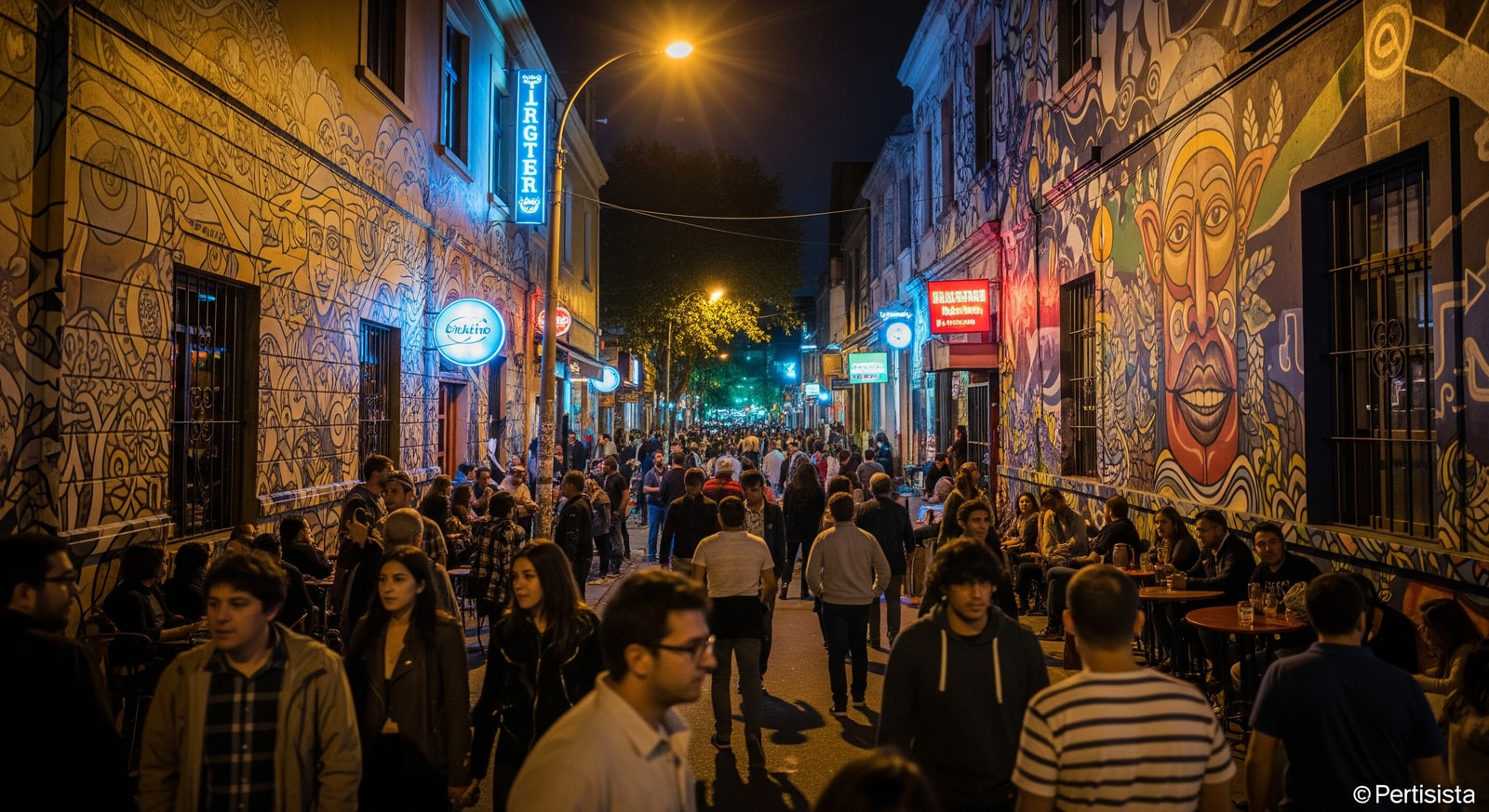 Muraled street and night crowd in Barrio Bellavista, illustrating Santiago's street art and nightlife scene