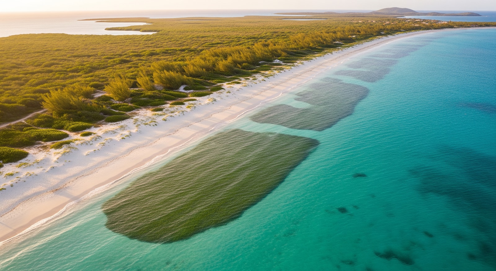 Brandywine Bay shoreline in the British Virgin Islands showing beach, seagrass and coastal vegetation