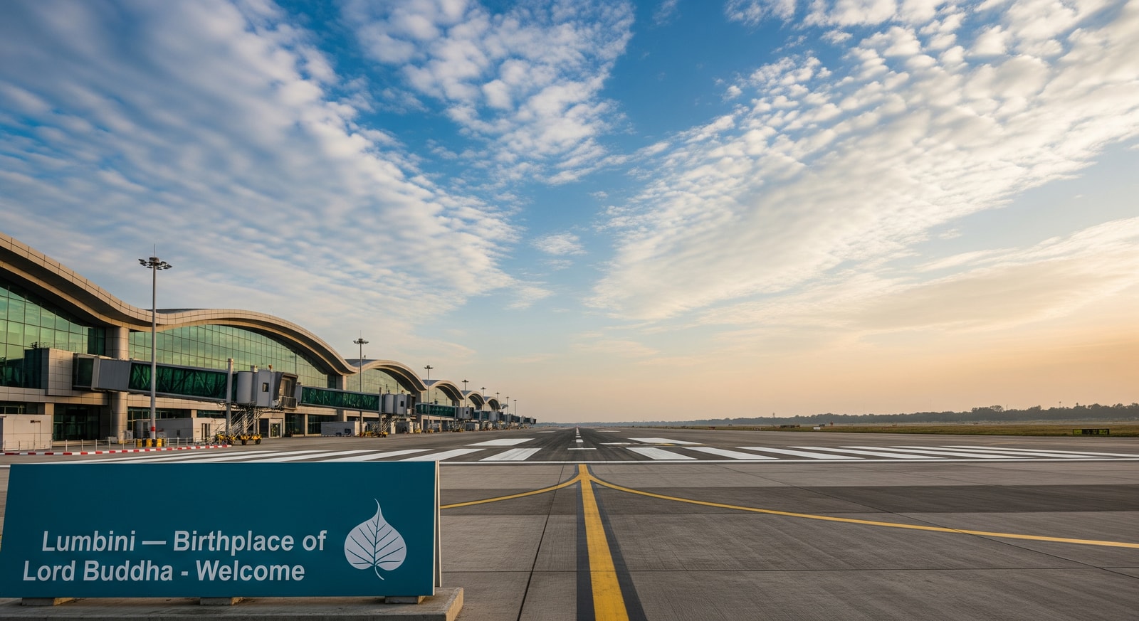 Gautam Buddha International Airport runway with passenger terminal and signage referencing Lumbini