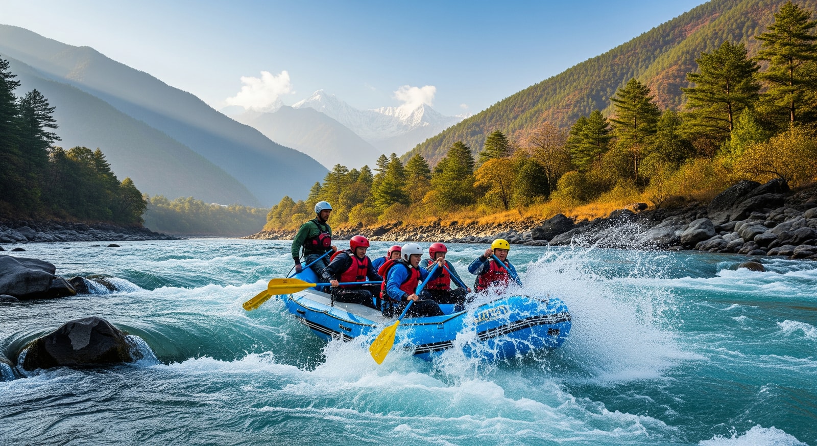 Rafting group navigating glacier-fed rapids in a Bhutanese river framed by forested hills