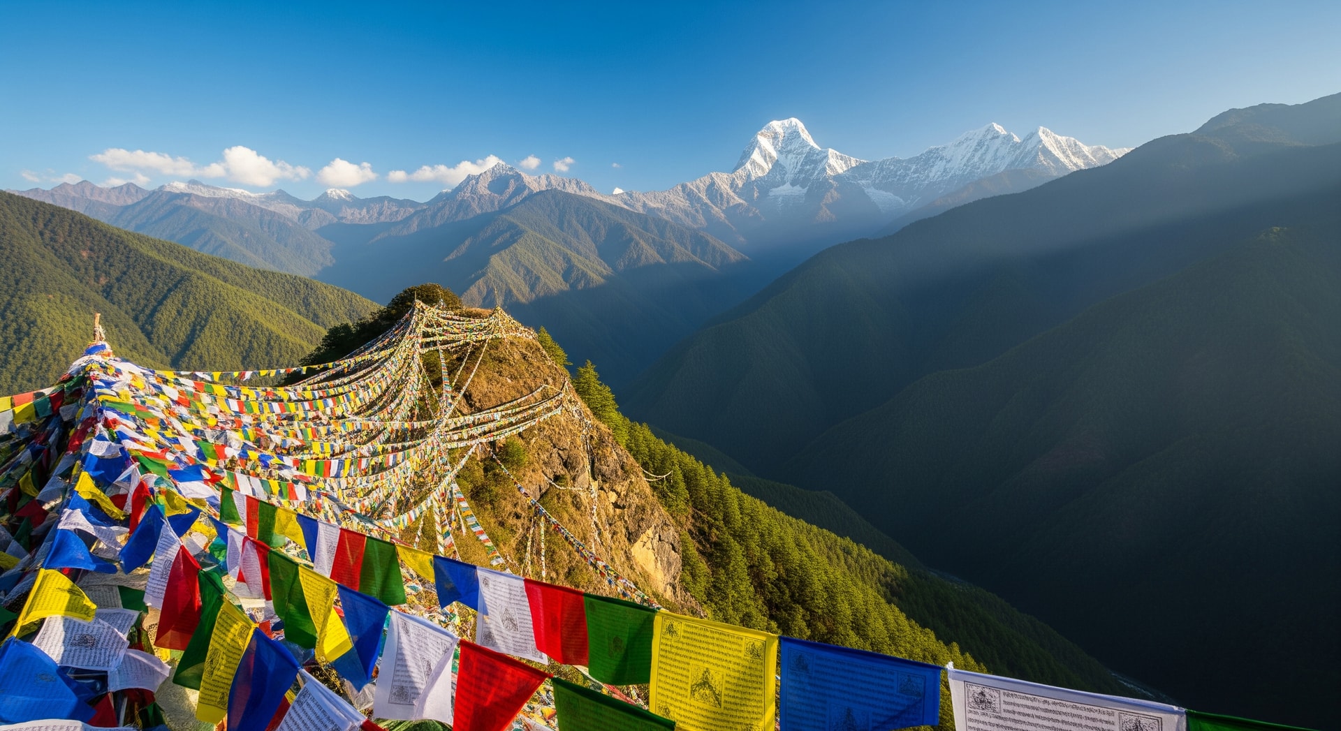 High Himalayan ridgelines and valleys in Bhutan with prayer flags and mountain peaks