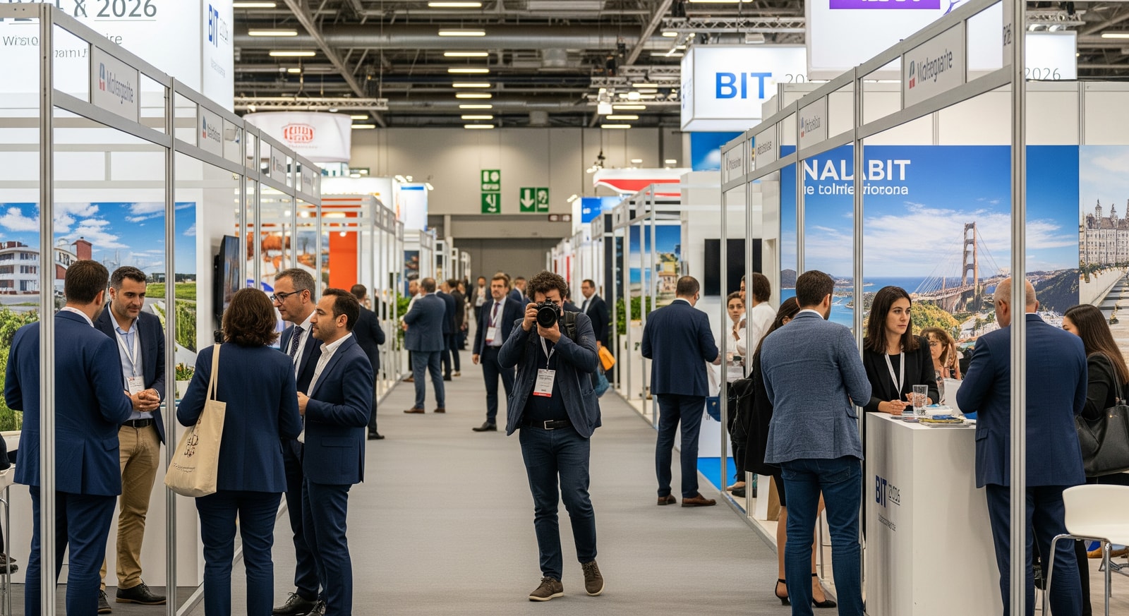 Attendees networking at BIT 2026 in Milan, showcasing booths from international exhibitors
