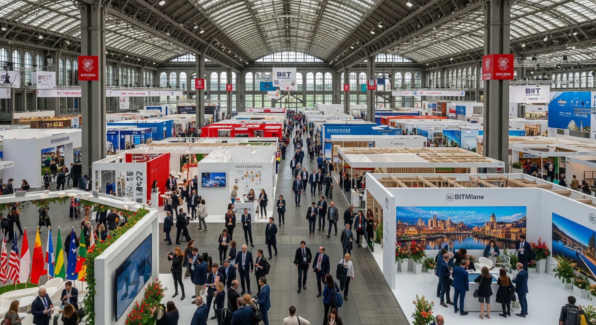 Exhibition halls at Fiera Milano hosting BIT 2026 with attendees and booths
