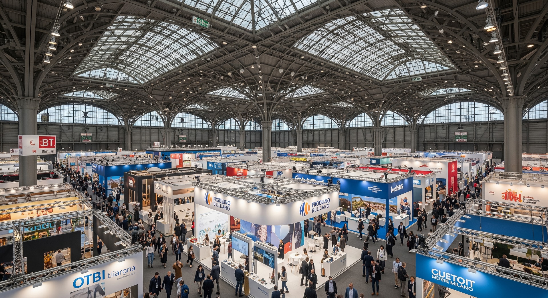 Exhibition halls at BIT 2026 in Milan with attendees and stands at Fiera Milano