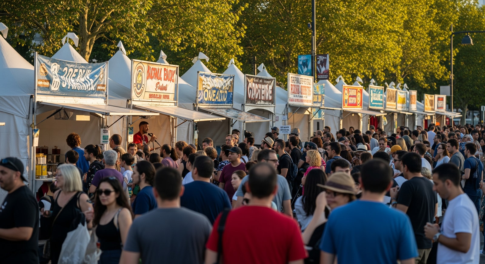 Crowd enjoying food stalls and live performances at an outdoor festival in downtown Oakland