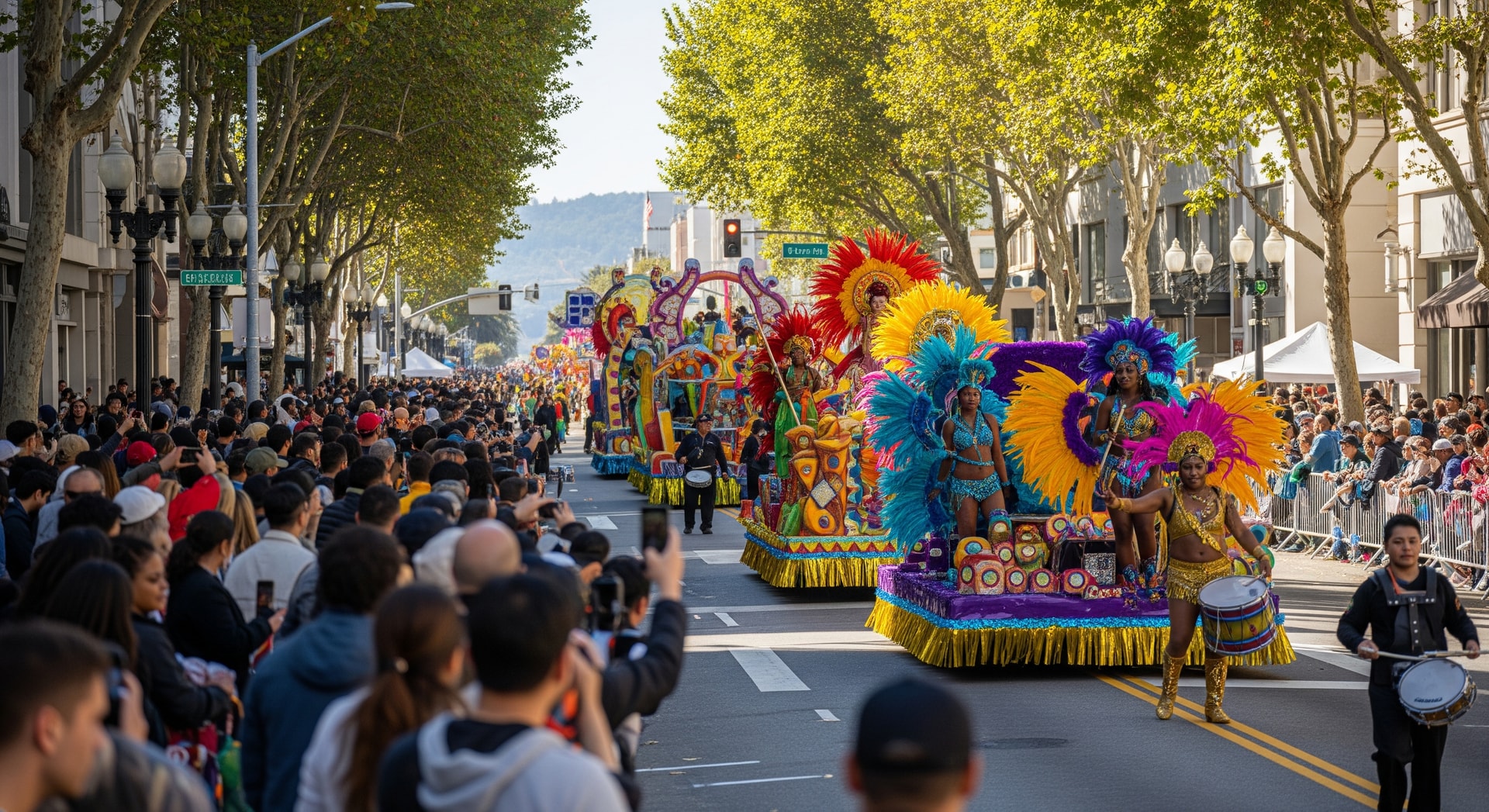 Crowds lining Broadway and 14th Street in downtown Oakland during a daytime street parade
