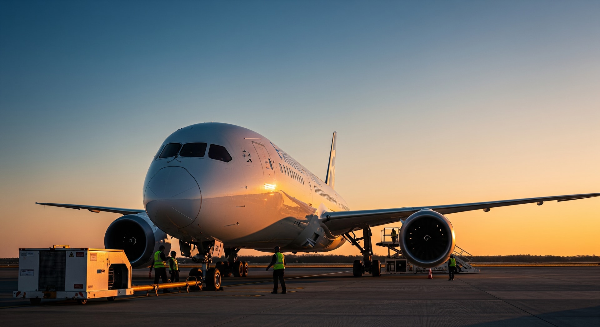 A Boeing 787 Dreamliner on the tarmac with ground crew nearby